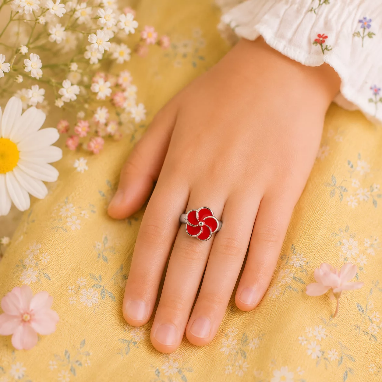 bague fleur rouge pour enfant