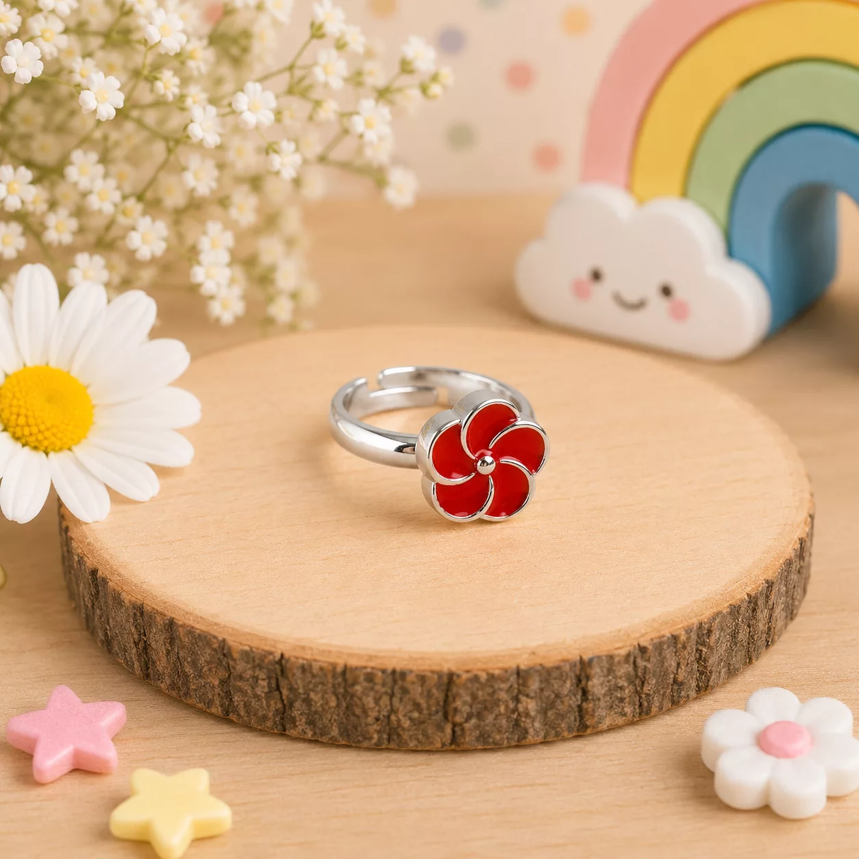 bague enfant fleur rouge