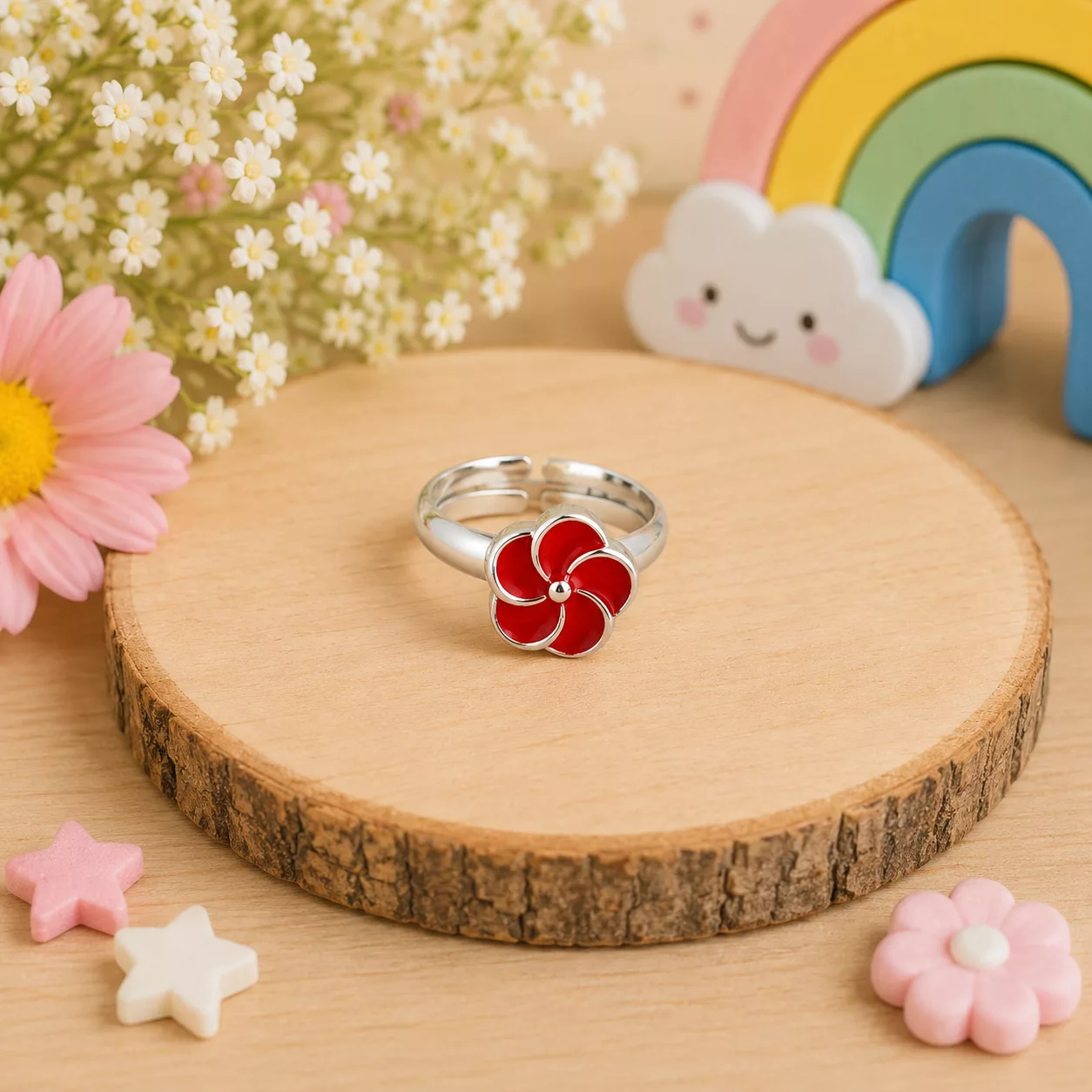 bague en forme de fleur rouge pour petite fille