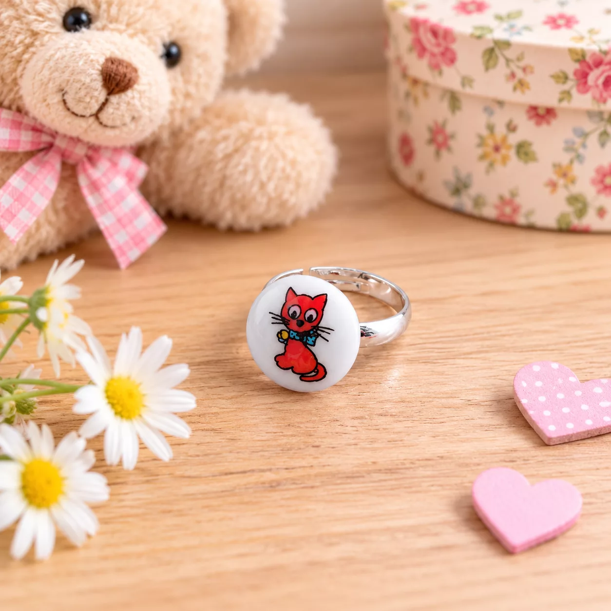 Bague pour petite fille ou petit garçon au motif de petit chat rouge