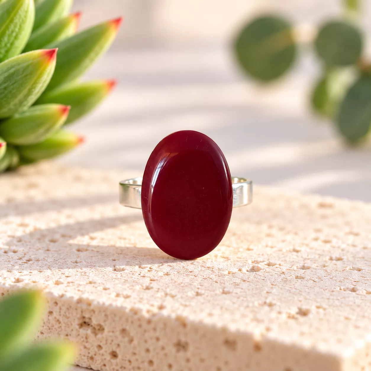 Bague bordeaux ovale Opéra en bouton ancien en verre rouge vue de face