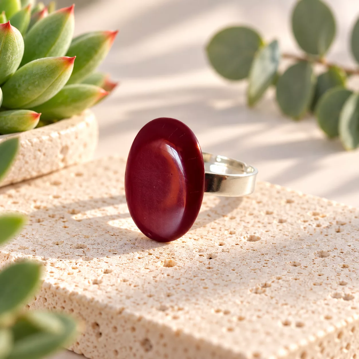 Bague bordeaux ovale Opéra en bouton ancien en verre rouge bordeaux