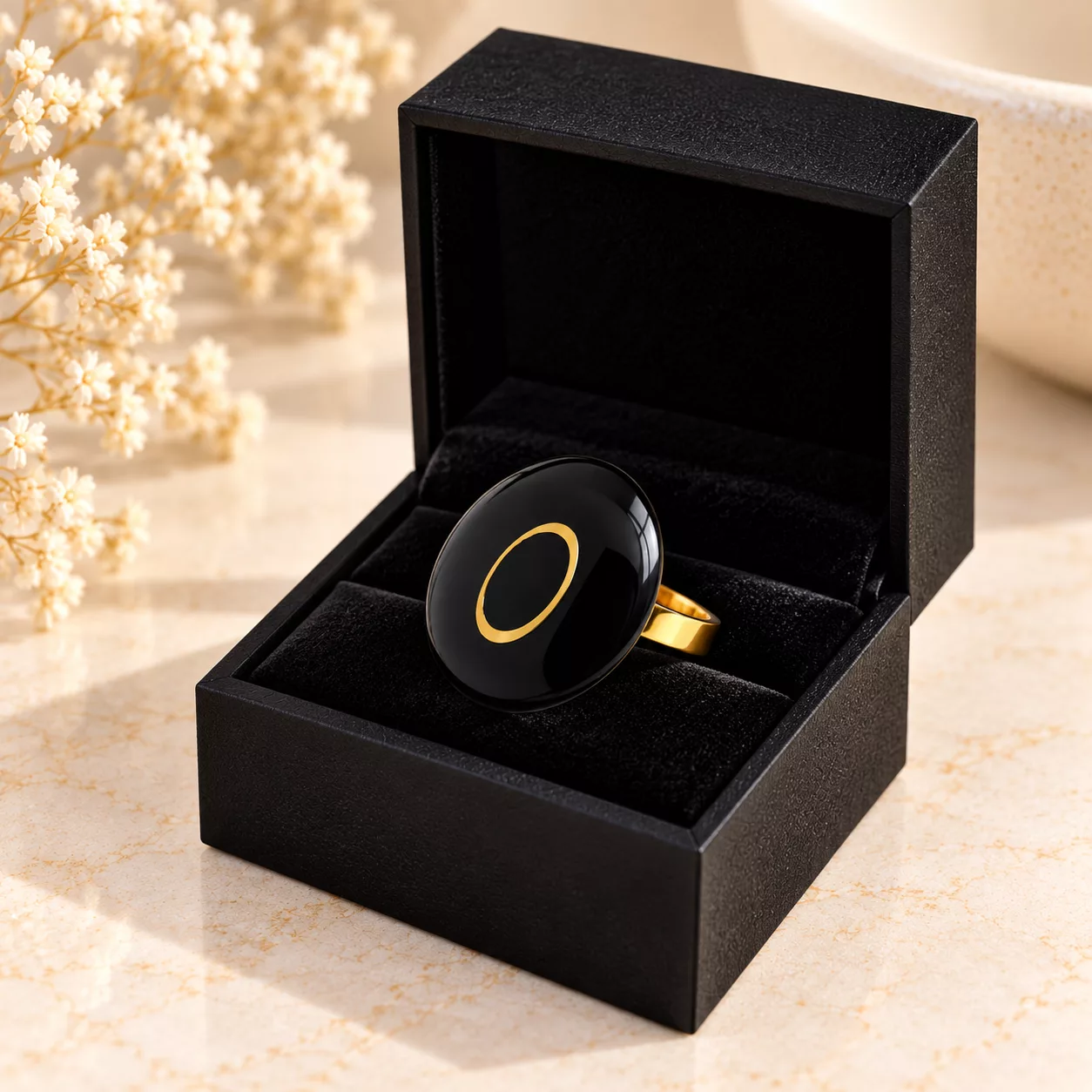Bague Ô noire à motif ovale doré présentée dans une boîte cadeau noire ouverte