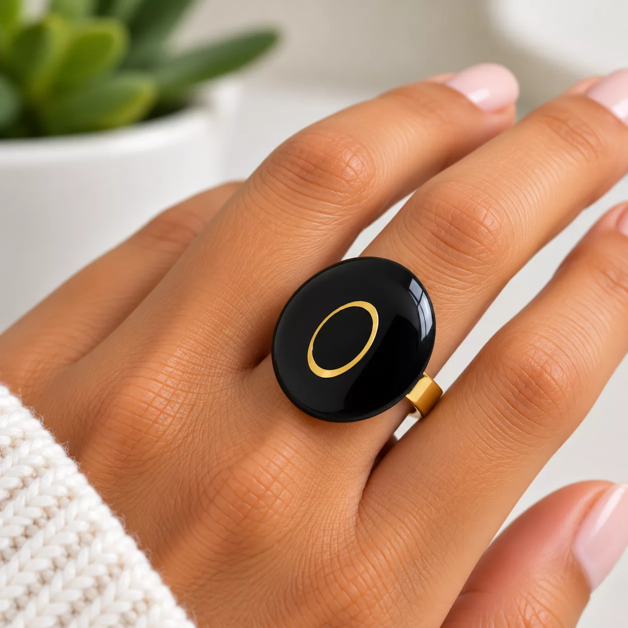Bague Ô noire et dorée portée au doigt, avec grand plateau rond brillant et motif ovale doré