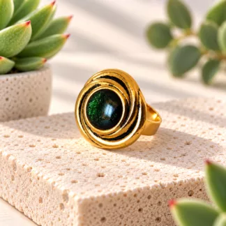 Bague tourbillon verte et dorée Œil du Cyclone en bouton ancien