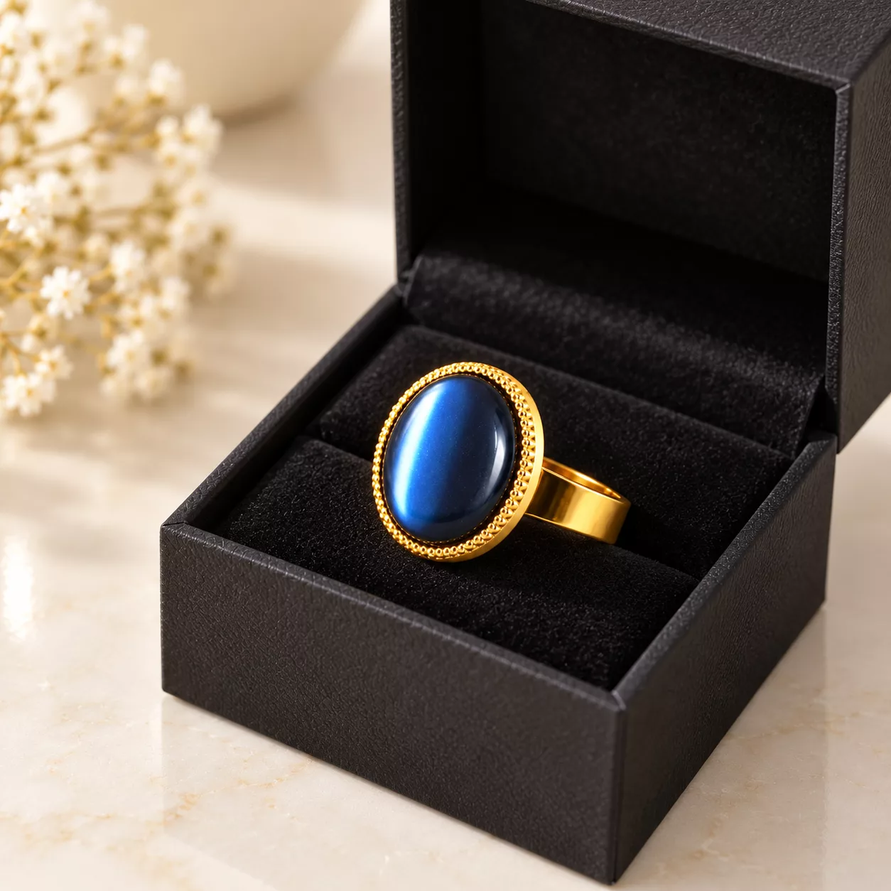 Bague Anna bleue et dorée dans sa boîte cadeau noire