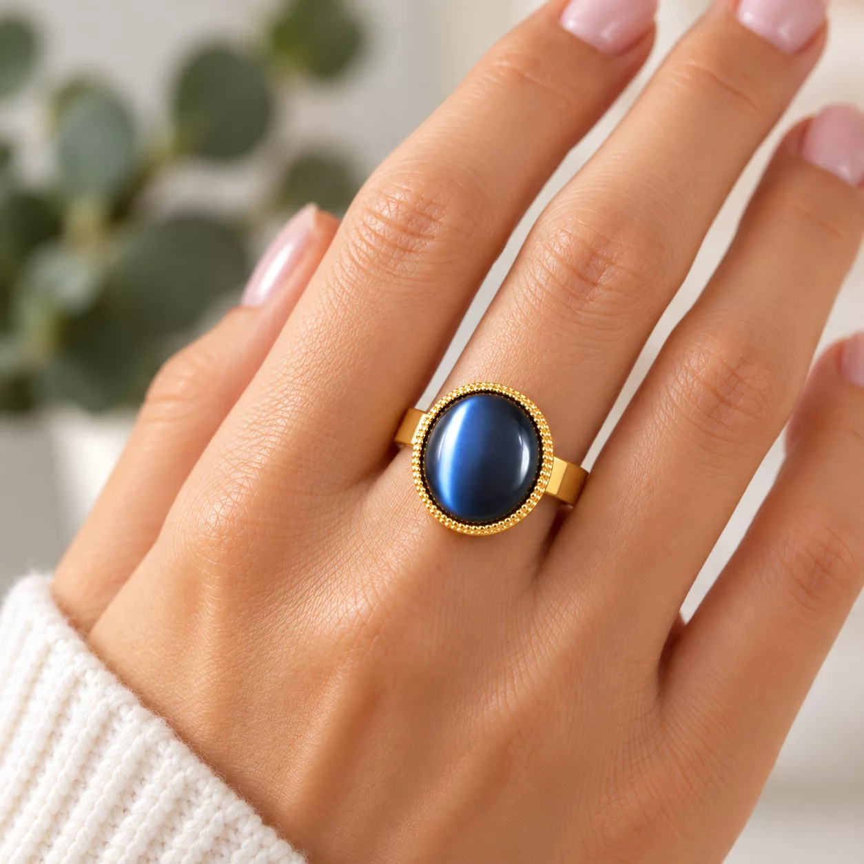 Bague Anna bleu profond et dorée portée au doigt