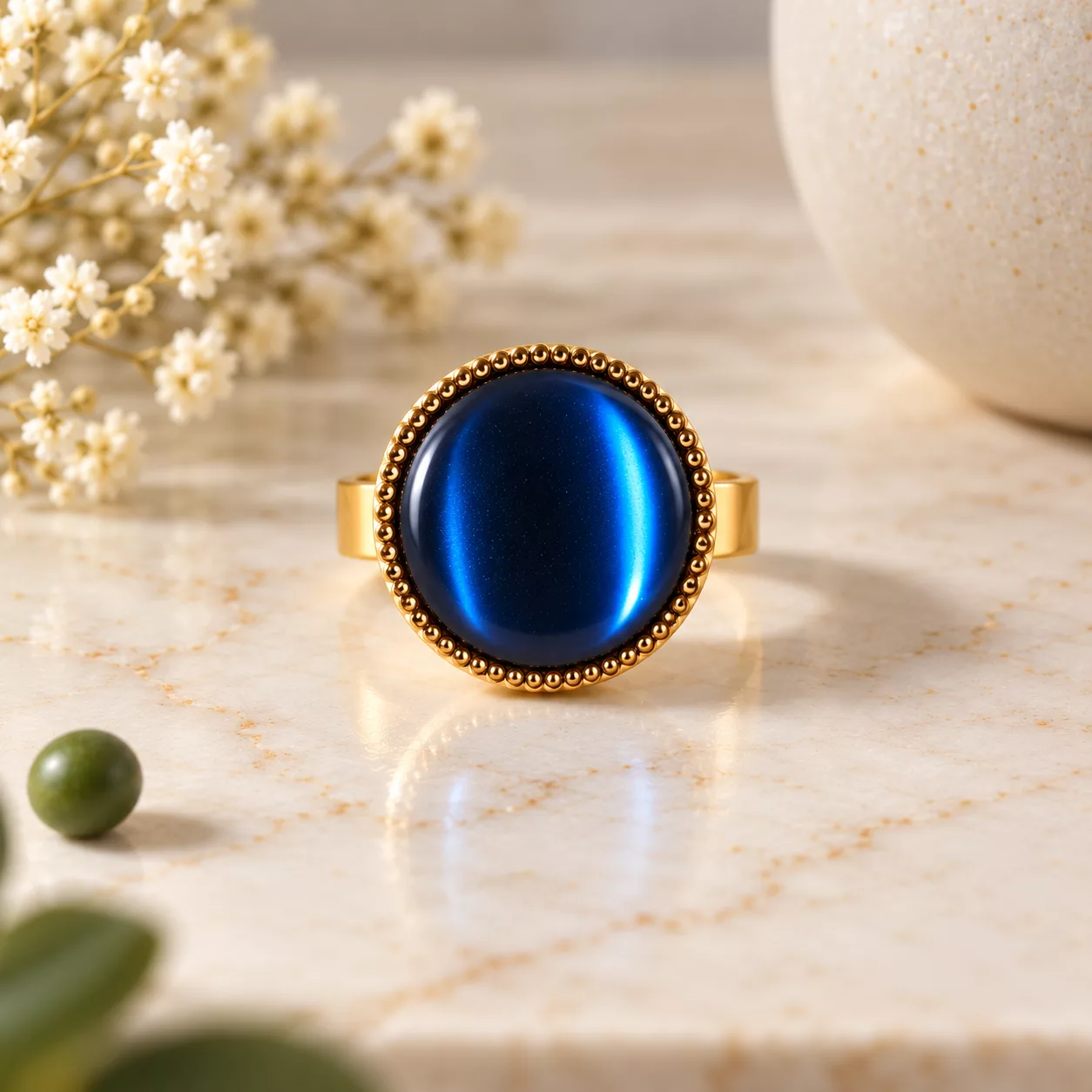 Vue de face de la bague Anna avec bouton bleu lumineux et entourage doré perlé