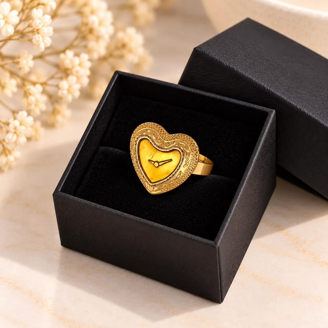 Bague vintage dorée en forme de cœur avec motif de montre présentée dans une boîte cadeau noire