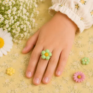 bague enfant fleur verte et jaune
