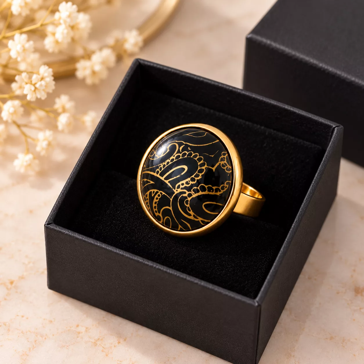 Bague Cachemire Dorée présentée dans sa boîte cadeau noire avec intérieur en velours.