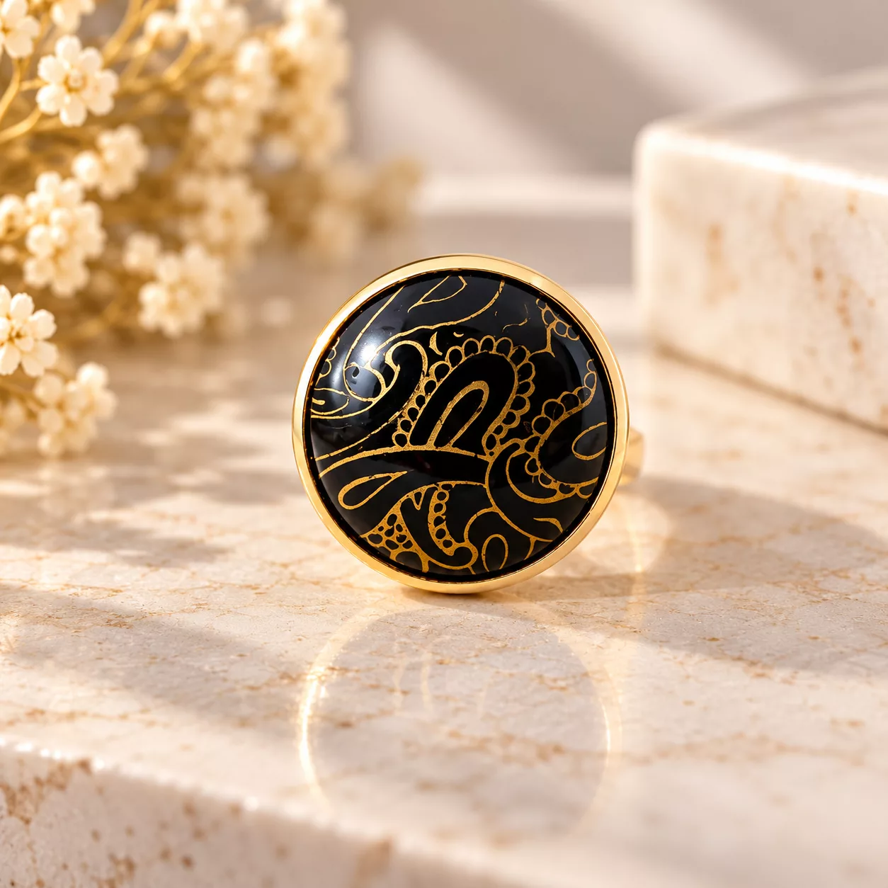 Vue de face de la bague Cachemire Dorée montrant les motifs cachemire dorés sur fond noir.