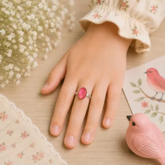 Bague enfant Rose Nacré en véritable nacre rose montée sur un anneau réglable argenté.