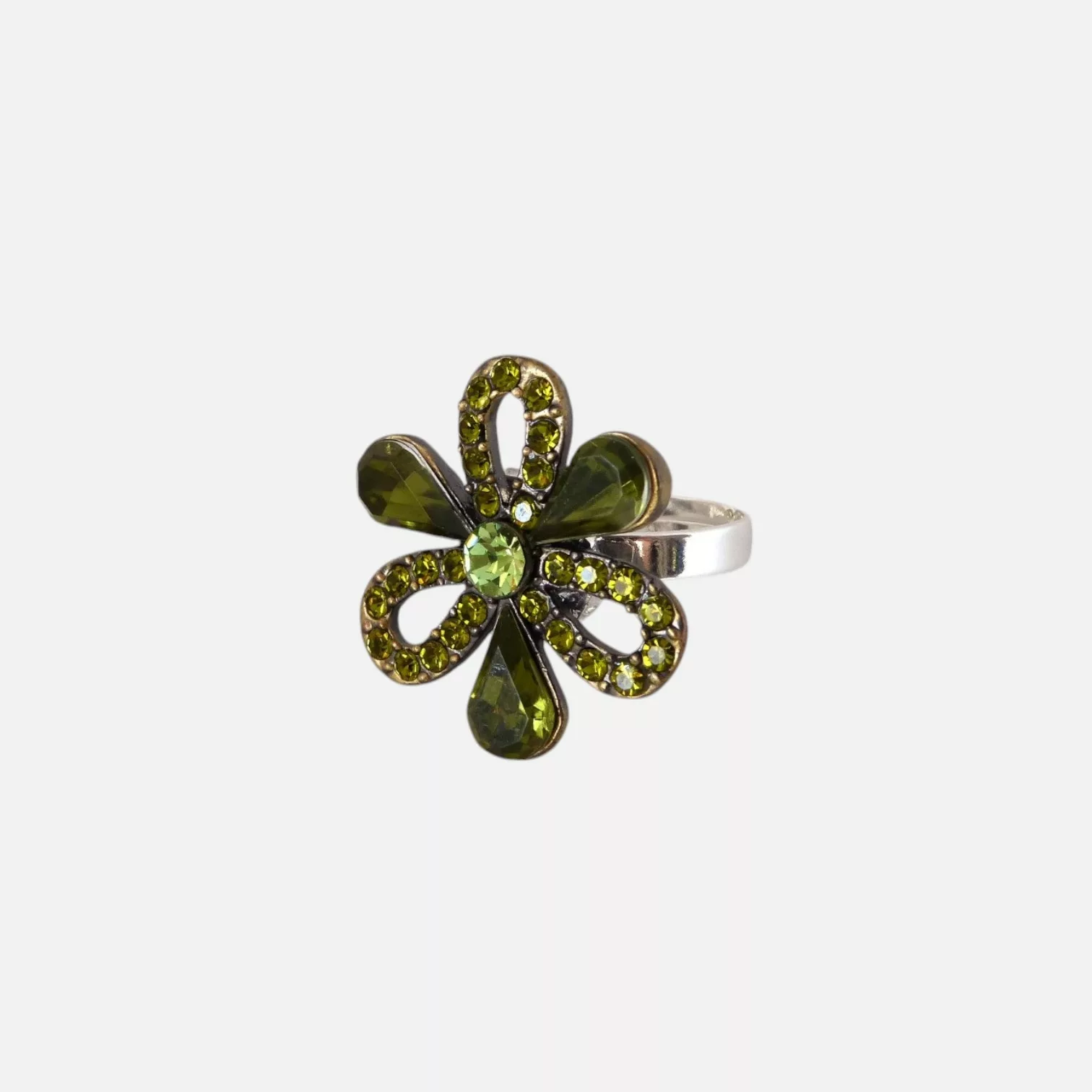 bague fleur strass verts