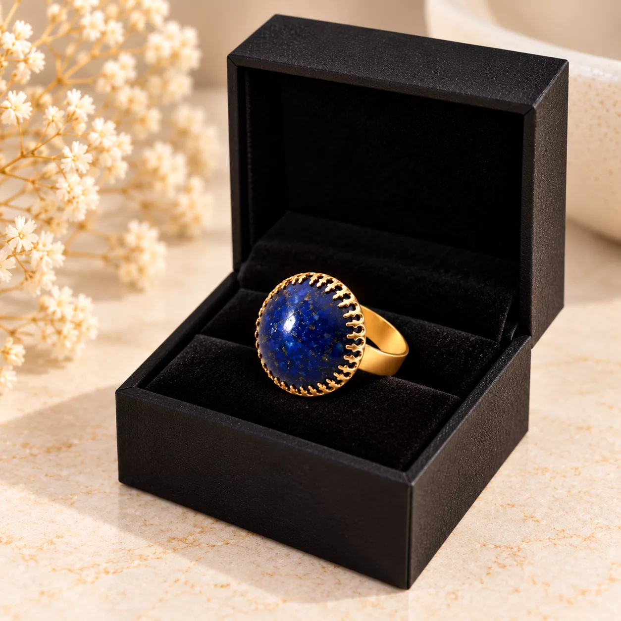 Bague Nuit étoilée présentée dans une boîte cadeau noire, cabochon bleu profond aux reflets dorés