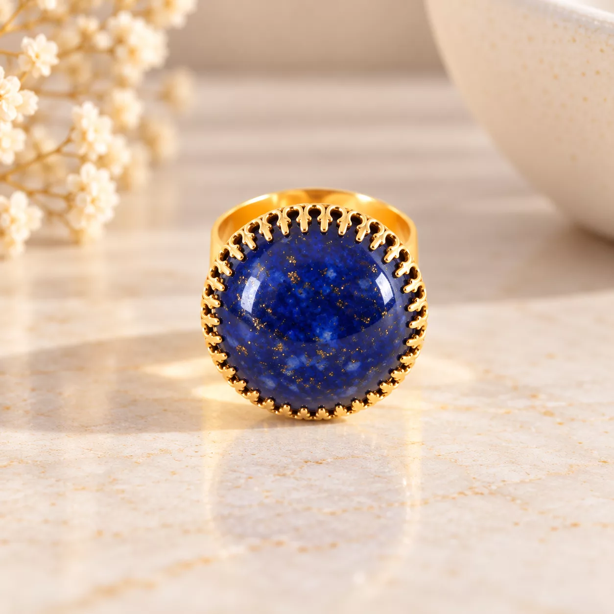 Vue de face de la bague Nuit étoilée avec cabochon bleu marine bombé et sertissage doré à griffes