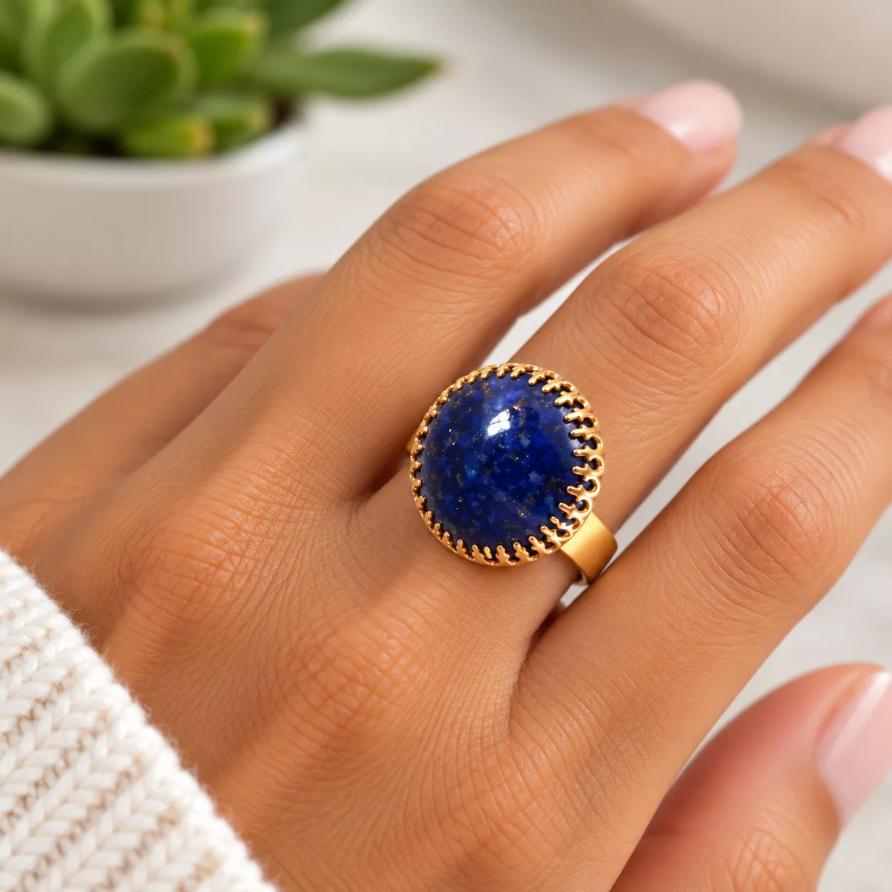 Bague Nuit étoilée portée au doigt, cabochon bleu marine aux éclats dorés et sertissage à griffes