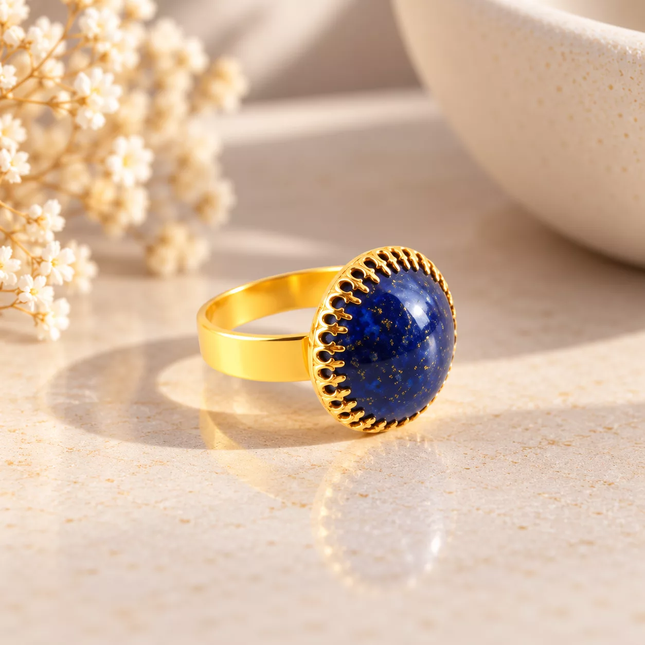 Vue de profil de la bague Nuit étoilée montrant le relief du cabochon bleu et son anneau doré ajustable