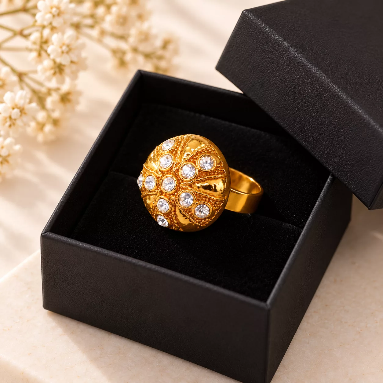 Bague dorée ornée de strass blancs présentée dans une boîte cadeau noire