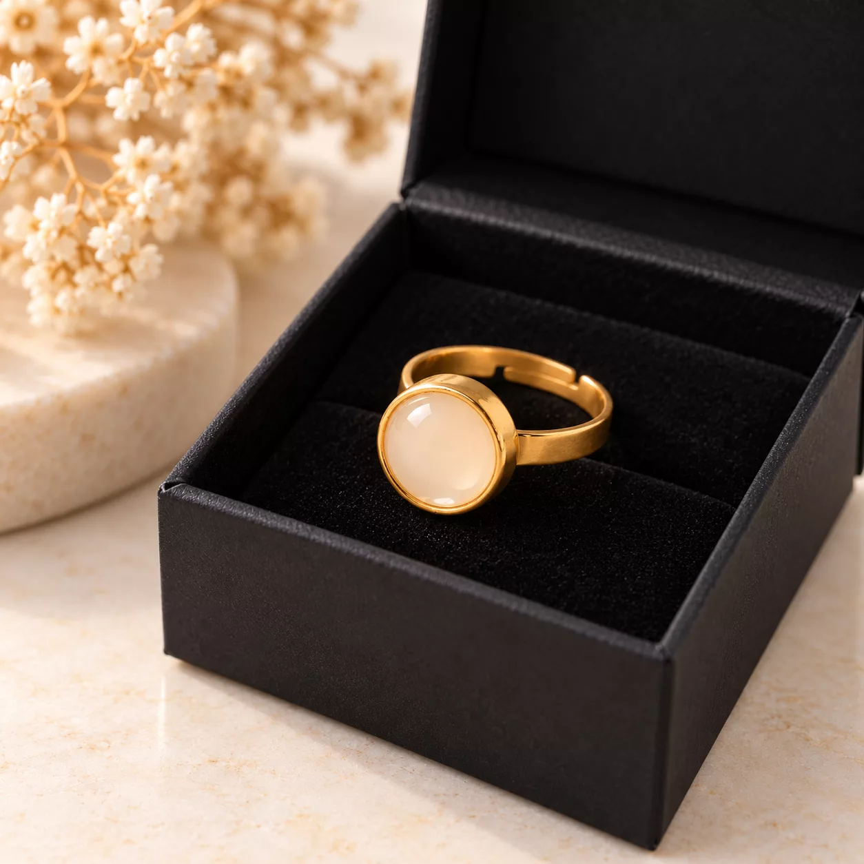 Bague Crème et Or présentée dans une boîte cadeau noire avec intérieur en velours