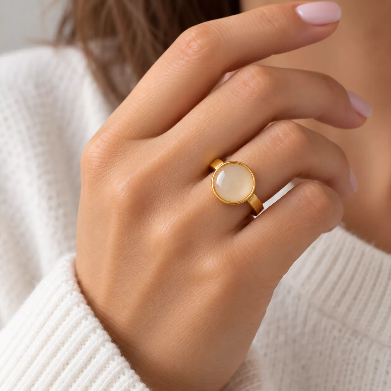 Bague Crème et Or portée au doigt avec son motif rond écru et sa fine bordure dorée