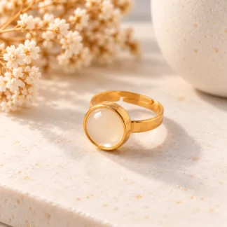 Bague Crème et Or créée à partir d'un ancien bouton en résine écrue avec monture dorée