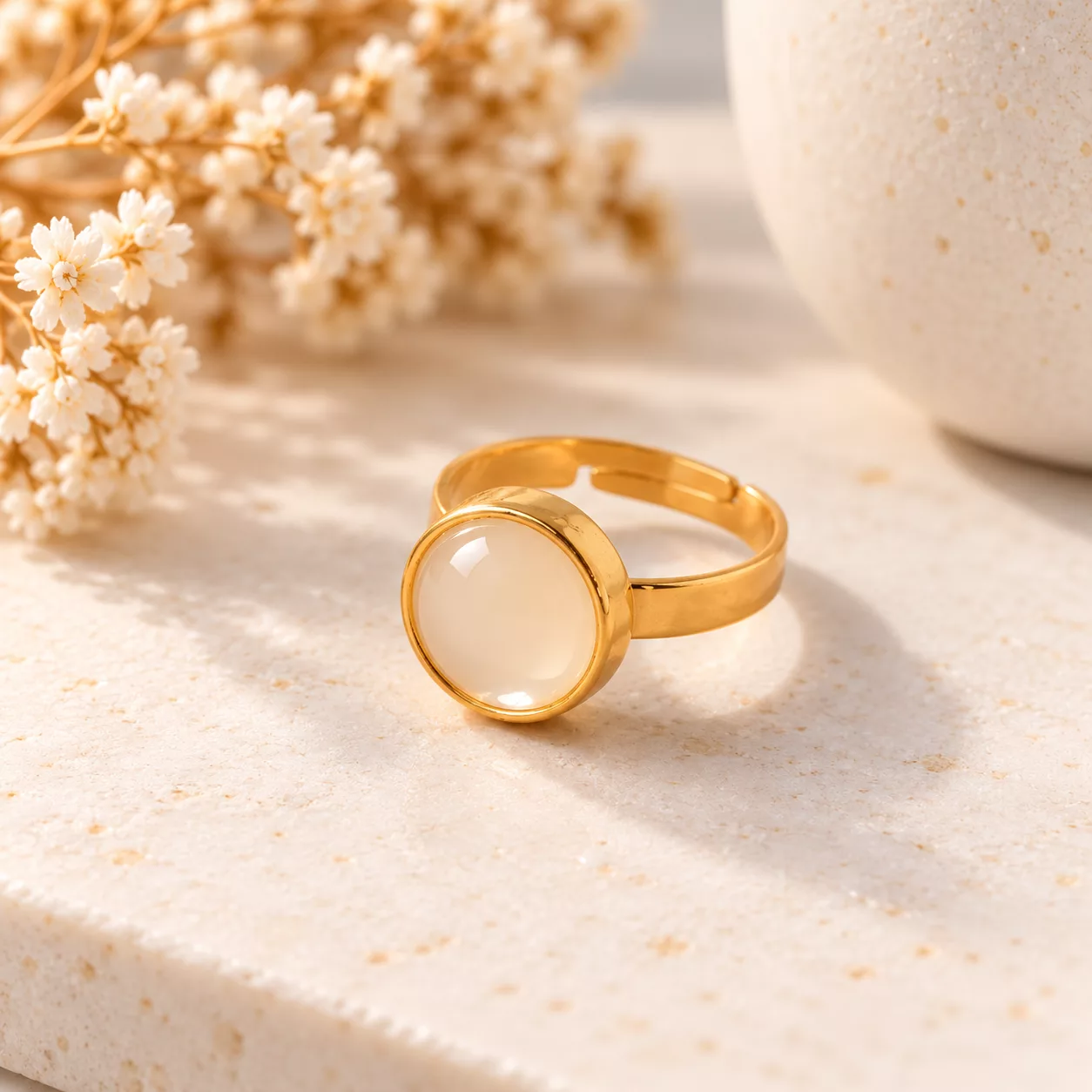 Bague Crème et Or créée à partir d'un ancien bouton en résine écrue avec monture dorée
