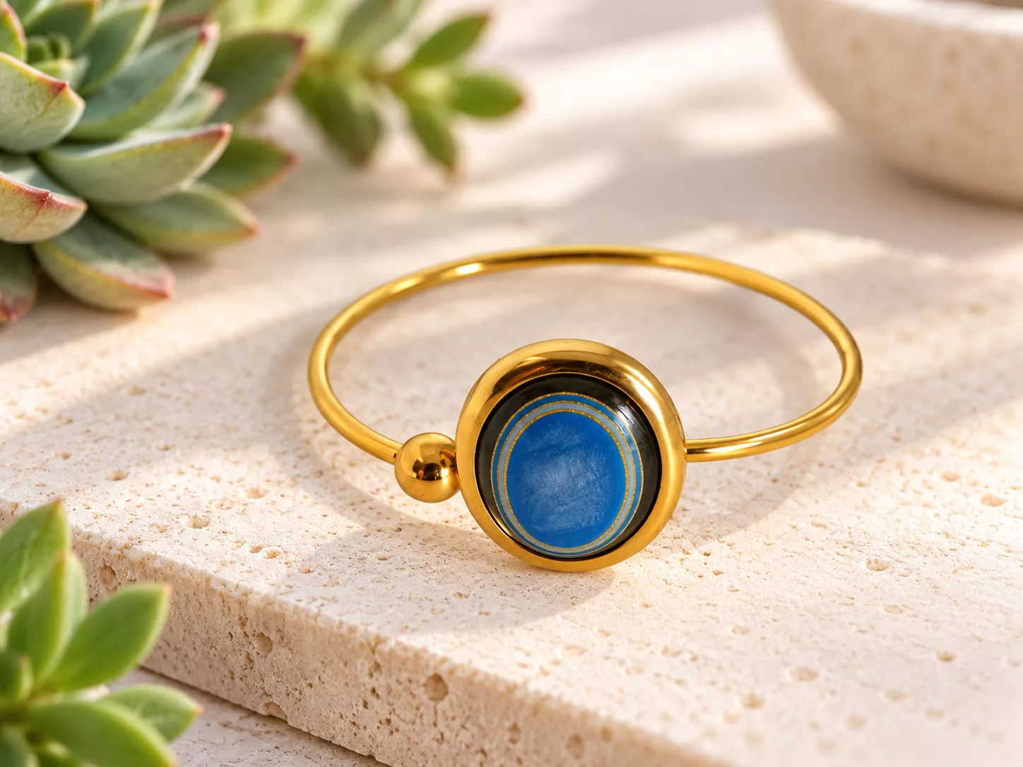Bracelet bleu et doré Olympia créé à partir d'un ancien bouton vue de face
