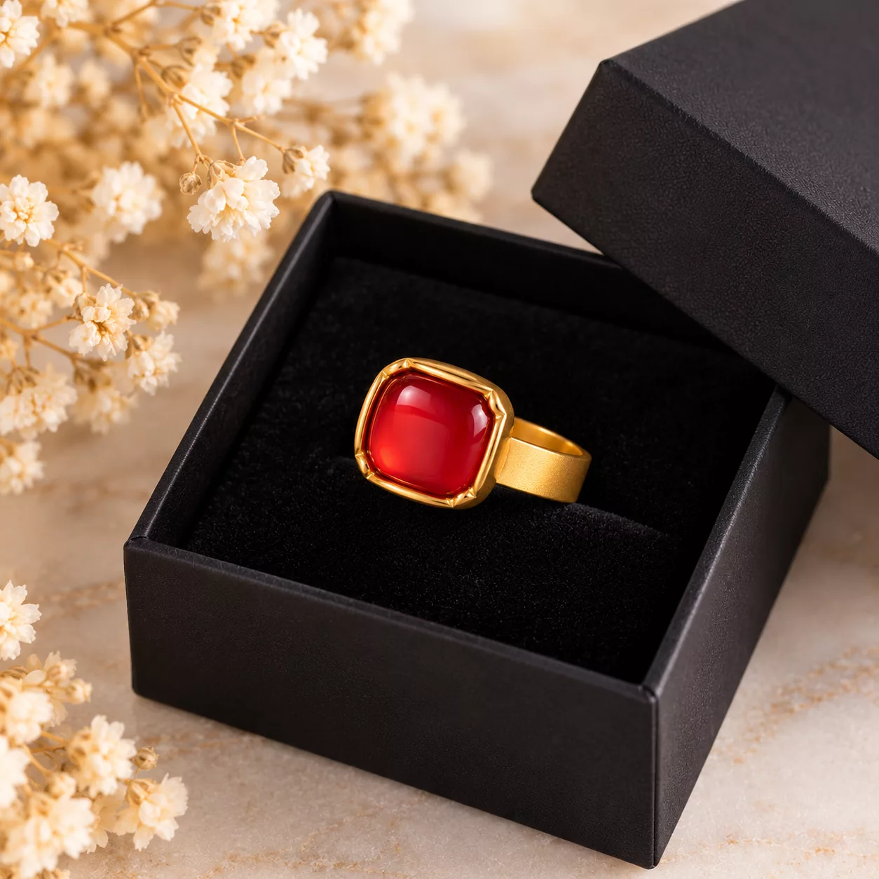 Bague rouge carrée Carmen présentée dans une boîte cadeau noire