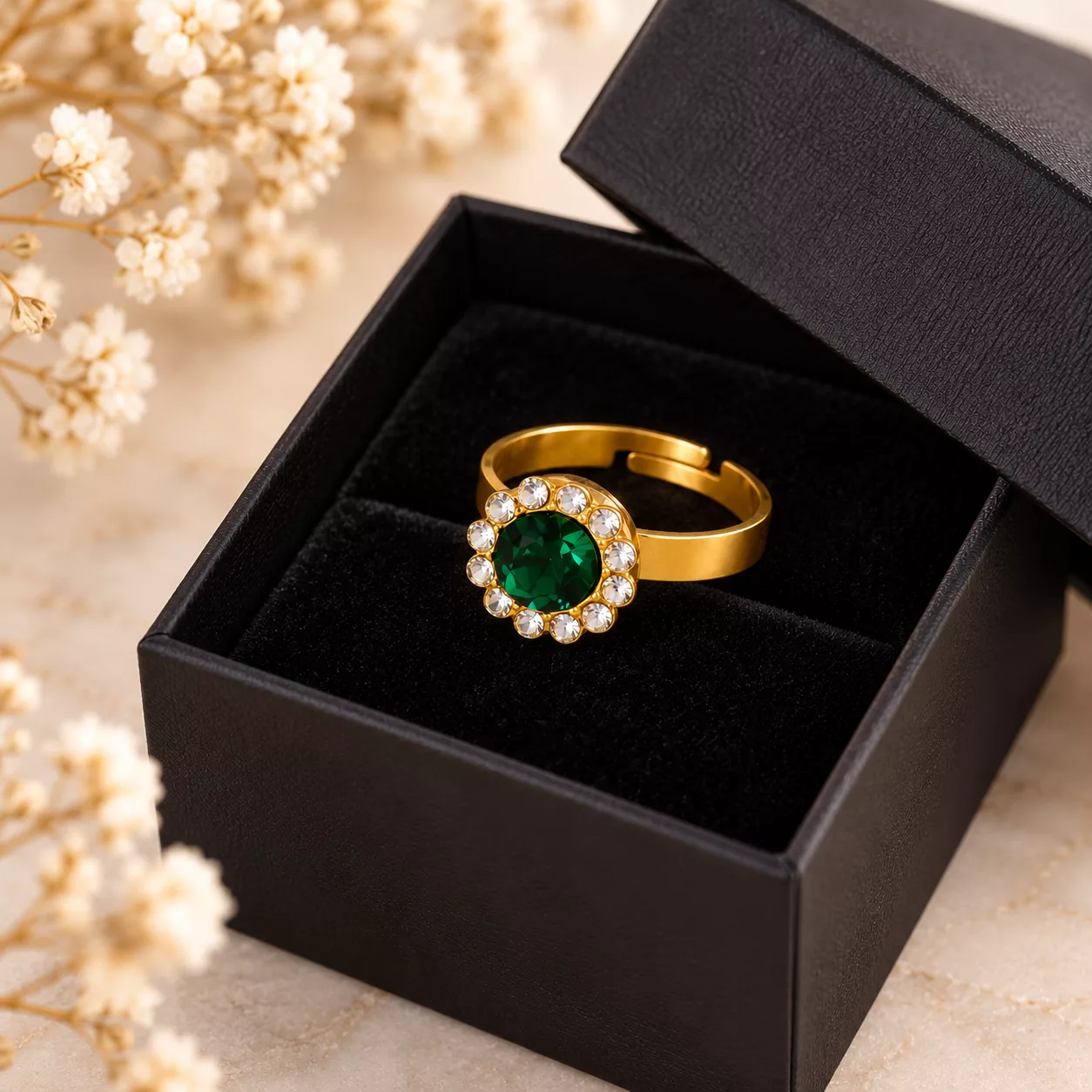 Bague Émeraude à strass verts et transparents dans une boîte cadeau noire