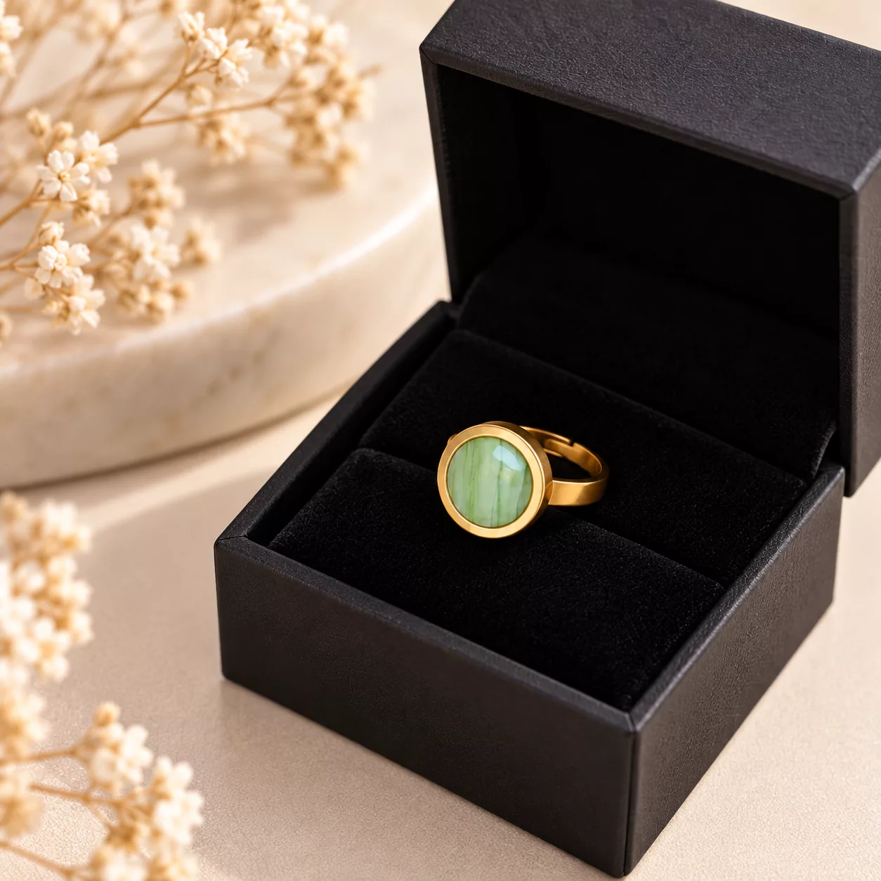 Bague Pistache au bouton marbré présentée dans une boîte cadeau noire