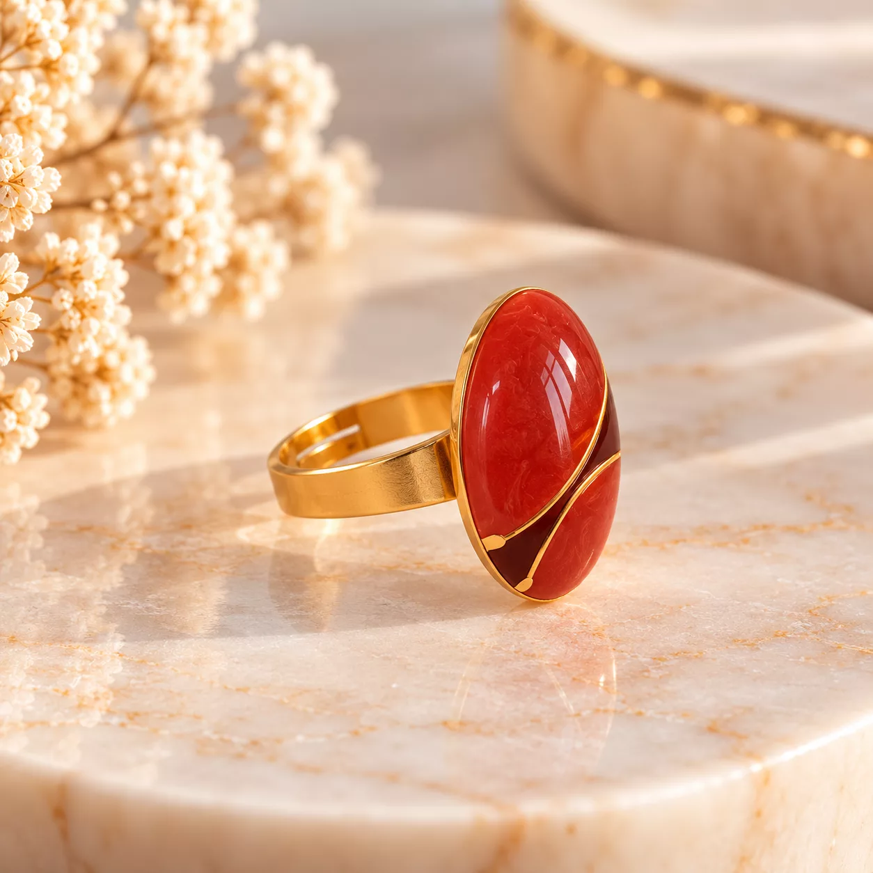 Vue de profil de la bague Sienne avec bouton ovale marron orangé et support en laiton doré